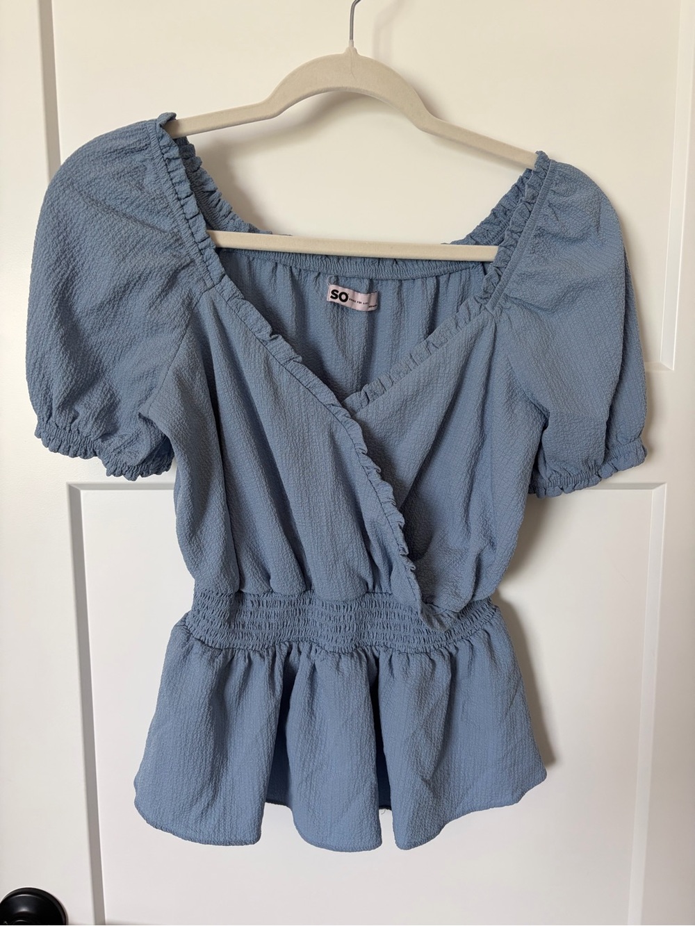 So Dusty Blue Puff Sleeve Peplum Babydoll Top